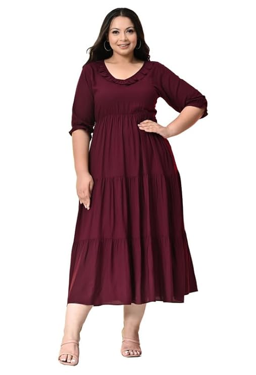 PrettyPlus by Desinoor.com Plus Size Rayon Ruffle Tiered Midi Dress for Women |plus size dress clothes