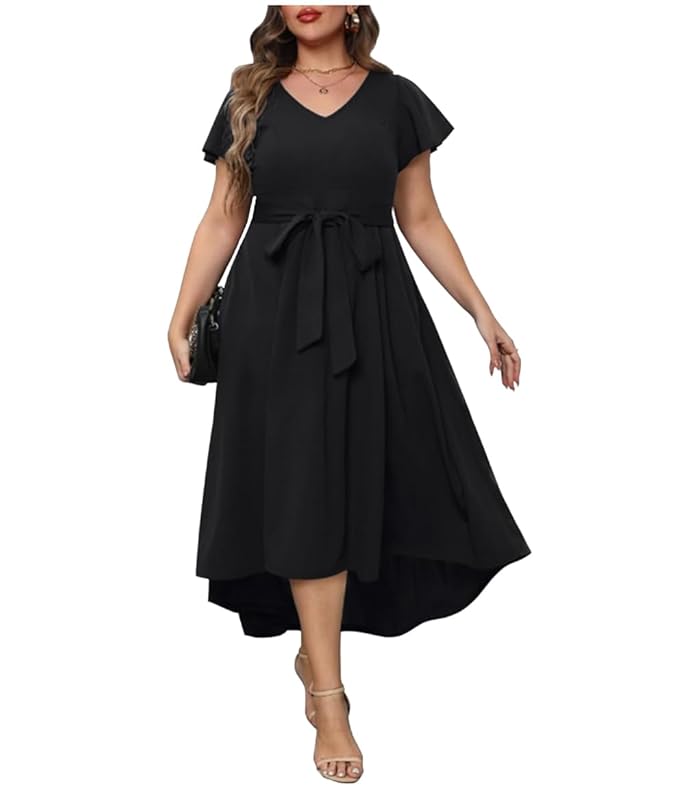C4D Women Plus Size V-Neck High-Low Maxi Maxi Gown Dress|plus size dress clothes
