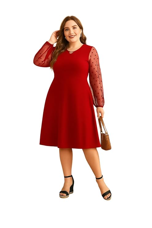 Women’s Plus Size Contrast Mesh Full-Sleeve Cocktail Party Elegant Dresses|plus size dress clothes