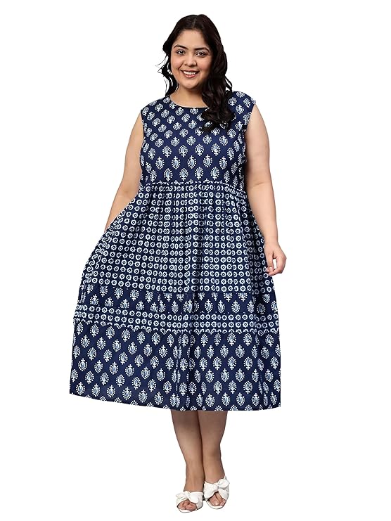 Indietoga Women’s Plus Sizes Pure Cotton Printed Tiered Midi Dress (XL to 7XL)|