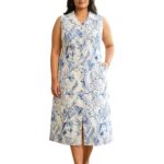 Indietoga Women Plus Size Floral Stencil Print Cotton Midi Dress|plus size dress clothes