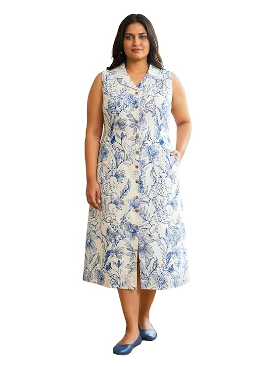 Indietoga Women Plus Size Floral Stencil Print Cotton Midi Dress|plus size dress clothes