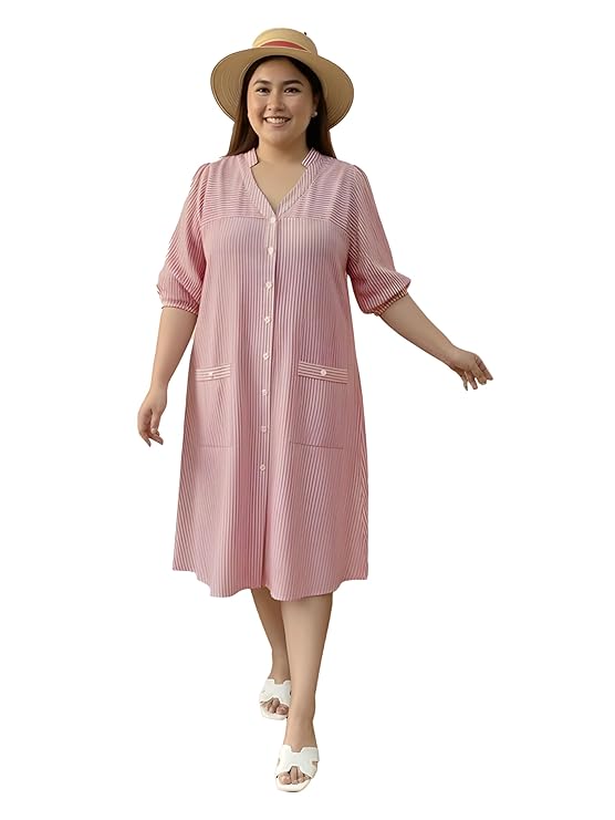 Indietoga Women’s Striped Pure Cotton A-Line Midi Dress (XL to 7XL)|plus size dress clothes