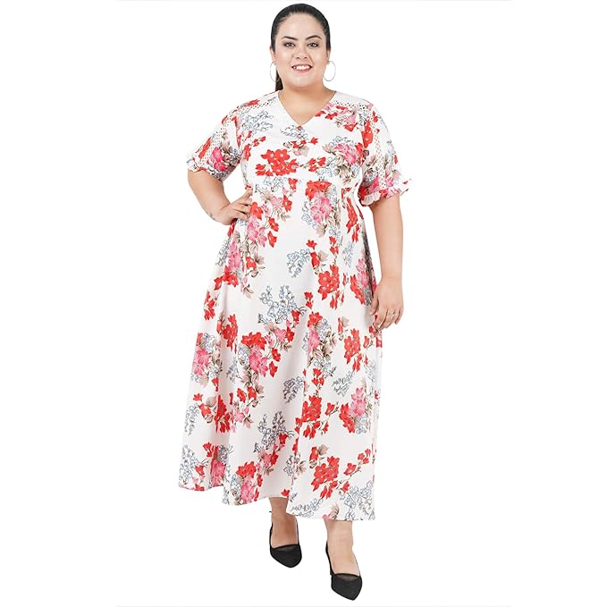 Indietoga Women’s Plus Sizes White Floral Printed Long Maxi Dresses|plus size dress clothes