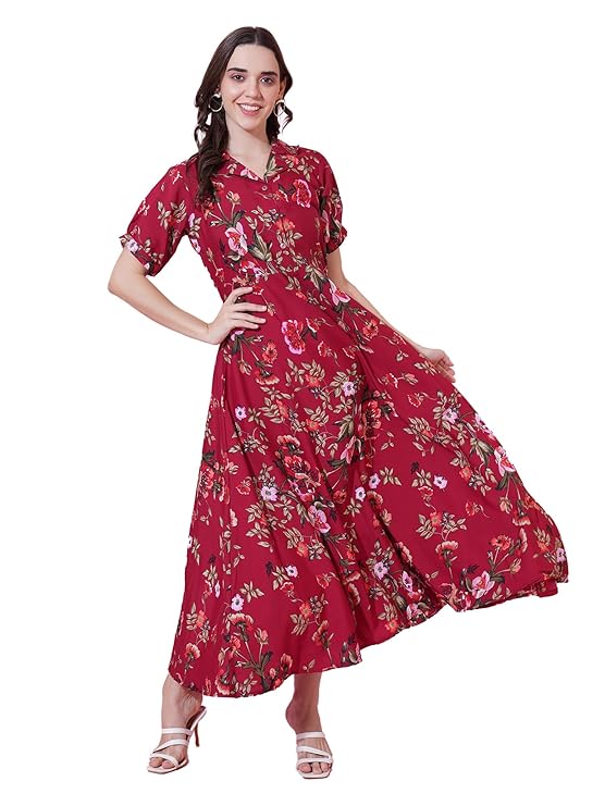Indietoga Women’s Plus Size Maroon Floral Printed Long Maxi Dress (2XL)|plus size dress clothes
