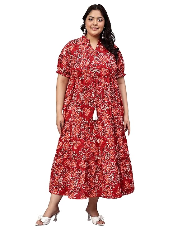 Indietoga Women’s Plus Size Floral Printed Pure Cotton Tiered Maxi Dress|plus size dress clothes