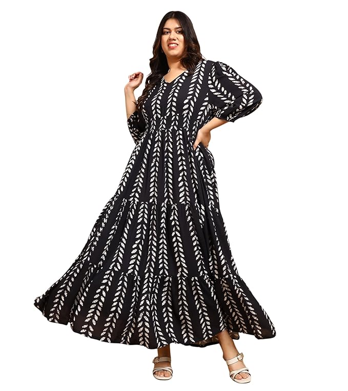 DEEBACO Women’s Plus Size Solid Rayon Tiered Maxi Dress|3/4 Sleeve|V-Neck|Casual Trending Stylish Long One Piece Dresses Women Western|plus size dress clothes
