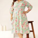 Janasya Women’s Plus Size Sage Pure Cotton Floral Printed A-line Dress|plus size dress clothes