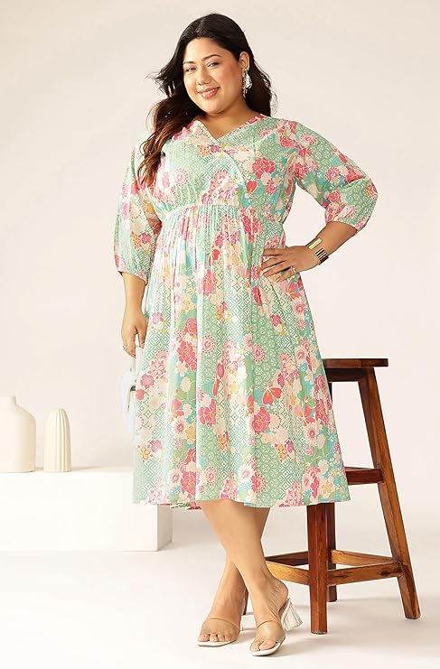 Janasya Women’s Plus Size Sage Pure Cotton Floral Printed A-line Dress|plus size dress clothes