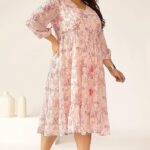 Janasya Women’s Plus Size Pink Georgette Floral Printed Tiered Dress|plus size dress clothes