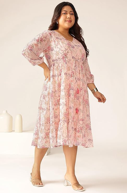 Janasya Women’s Plus Size Pink Georgette Floral Printed Tiered Dress|plus size dress clothes