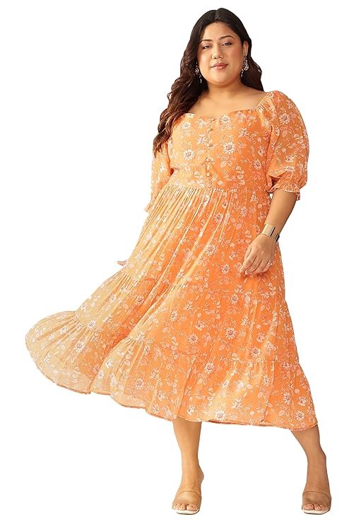 Janasya Women’s Plus Size Orange Georgette Floral Printed Tiered Dress|plus size dress clothes