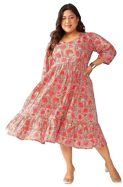 Janasya Women’s Plus Size Pure Cotton Floral Printed Flared Dress|plus size dress clothes
