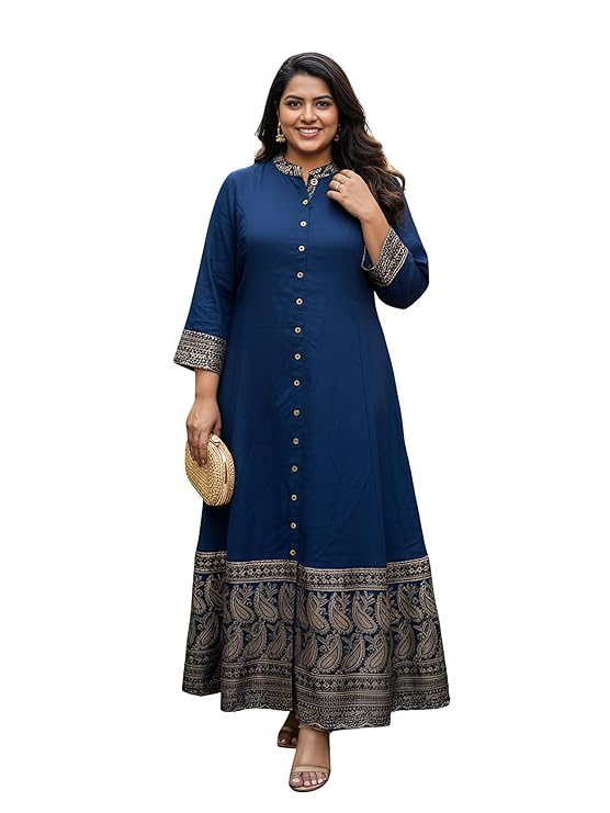 Akiko Women’s Plus Size Rayon Printed Anarkali Long Kurti with Elegant Gold Motifs, Front Button Detailing & 3/4 Sleeves|plus size dress clothes